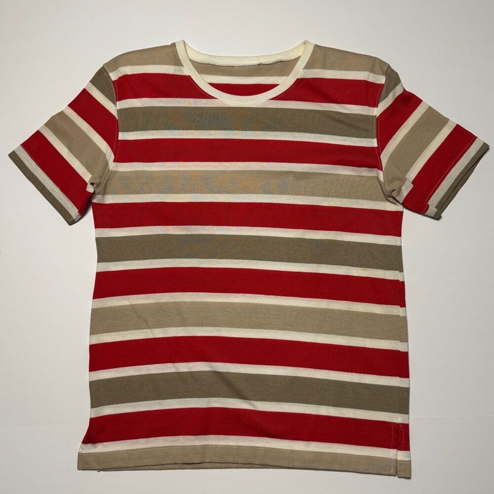 Women’s Red Tan Striped Short Sleeve Knit Tee Retro Casual Stretch Top